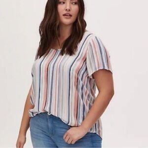 TORRID Abbey Painted Stripes Top 1X Short Sleeve Crinkle Button Back Boho NEW